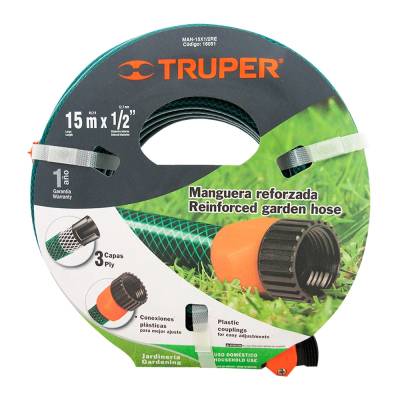 Manguera de 15mts Reforzada 3 Capas Conexiones plásticas 1/2´ 16051 TRUPER - Ferreregia